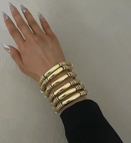 iF YOU 6pcs Chunky Acrylic Bangle Bracelets for Women, Resin Bamboo Brown Stretchy Bracelet Stack, Fashion Jewelry for Women - color: 6 Gold thin acrylic bracelets
