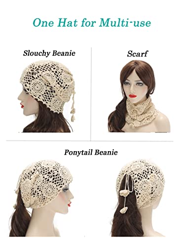 ZLYC Women Cotton Crochet Slouchy Beanie Hat Handmade Knit Summer Skull Cap - color: Beige Ponytail