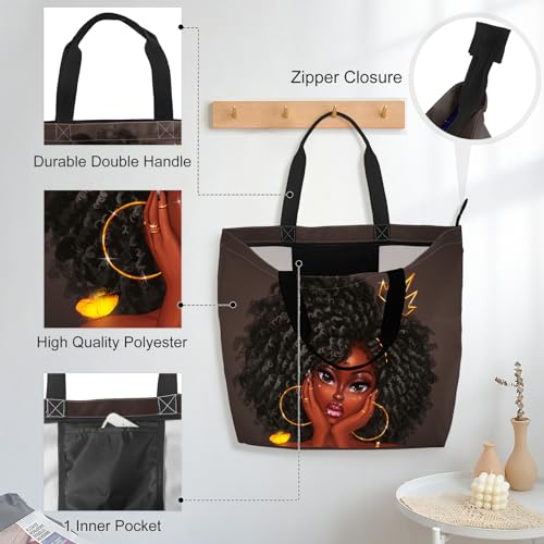 African American Women Tote Bag Black Shoulder Handbag For Women Fit Work Beach Labtops With Zip - color: Black Women 10