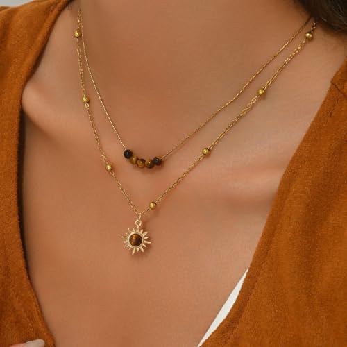 MYANAIL Tigers Eye Stone Sun Pendant Layered Necklaces for Women 14K Gold Maillard Tiger's Eye Beaded Choker Necklace Jewelry Accessory Spiritual Healing Stone Stacked Chain Necklaces - color: Gold