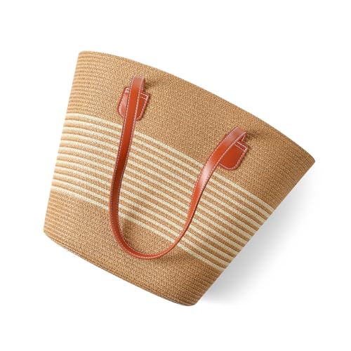 Straw Bags For Women | Travel Straw Totes Bag, Summer Woven Shoulder Bag Handbag - color: Straw/White
