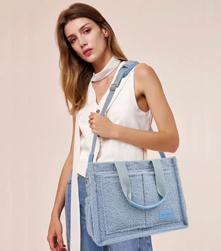 Large Canvas Tote Bag for Women Work Tote Bags with Pockets Laptop Crossbody Purses Everyday Bag Handbags for Travel - color: Plush Blue