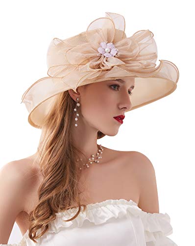 ORIDOOR Women’s Organza Church Tea Party Wedding Fascinator Derby Hat Wide Brim Sun Hats - color: C9-khaki