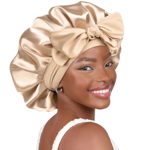 YANIBEST Adjustable Satin Bonnet for Sleeping Women Double Layer Hair Wrap Reduce Friction Prevent Frizz Natural Curly Hair - color: Champagne
