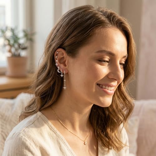 6 Pcs/6 Pairs Hypoallergenic 925 Sterling Silver Stud Post 14K Gold Earrings for Women Moon Star Hoop Stackable Cubic Zirconia Chain Dangle Earring Set Stacks for Multiple Piercings - color: Silver Moon Star