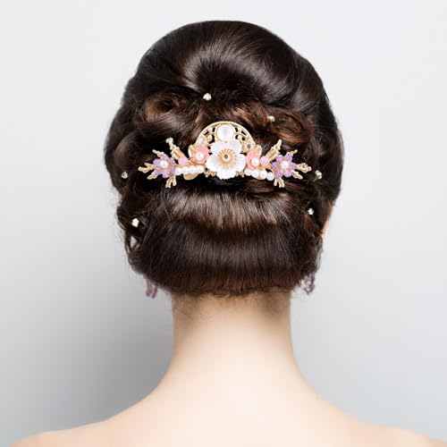 HINZIC 5pcs Flower Tassels Hairpin for Women, Non-Slip Rhinestone Pearl Clover Hair Clips Headpiece, Retro Chinese Hanfu Wedding Brides Hair Accessories for Long Hair - color: Gold