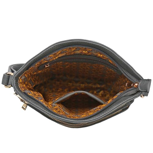 ALYSSA Triple Zip Pocket Large Crossbody Bag - color: Dark Gray