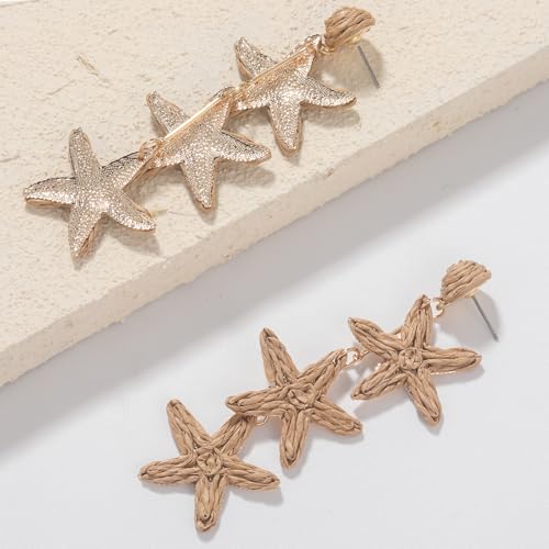 Boho Raffia Earrings Starfish Shell Seashell Dangle Drop Earrings Cute Statemnet Trendy Jewelry Summer Beach Outfits for Women - color: Sand, size: Seastar
