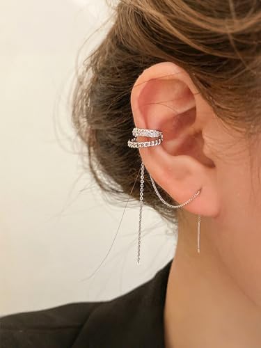 Silver Chain Earrings for Women Dainty Tassel Chain Hoop Earrings Layered Non Piercing Fake Earring Y2K Drop Dangle Cuff Earring Crystal Huggie Clip Hoops Gift for Her - style: Style2
