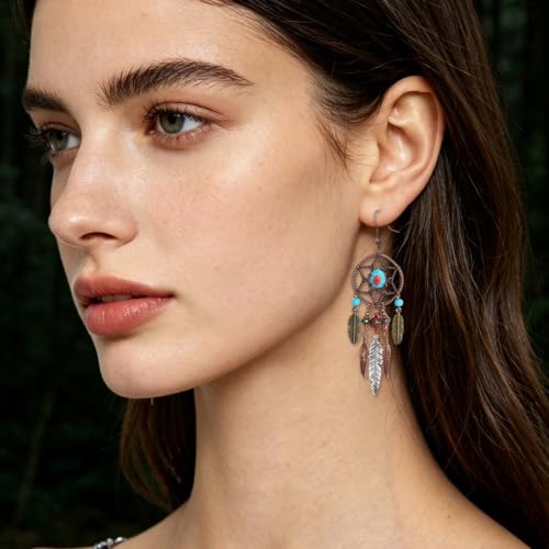 Boho Turquoise Drop Earrings Retro Long Copper Feather Tasse Metal Leaf Dangle Earrings Vintage Country Western Jewelry Cowgirl Ethnic Style Geometric Concert Festival Accessories for Women - color: Red Blue