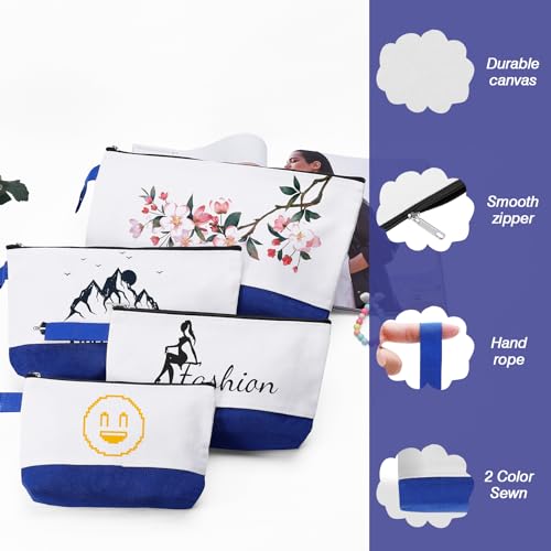 10 Pieces Cotton Canvas Makeup Bag with Bottom and Strap, Multi-Purpose Cosmetic Bag with Zipper Travel Toiletry Pouch, Blank DIY Craft Bag (White&Blue, L) - color: White&Blue, size: L