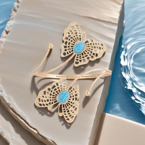 Gold Arm Cuff Bracelet Adjustable Upper Arm Cuff Bangle Butterfly Flower Bracelet Summer Beach Essentials Jewelry for Wome - style: turquoise+butterfly