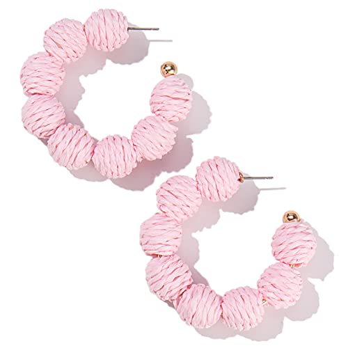 Raffia Hoop Earrings Statement Boho Beaded Earrings Cute Rattan Handmade Colorful Jewelry for Women Unique Summer Outfits - color: Pink