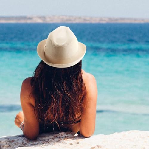 DRESHOW Women Straw Sun Hat Short Brim Panama Travel Fedora Summer Hat Roll Up Beach Cap for Women UPF 50+ - color: 1 Pack Rolled Hat: Beige