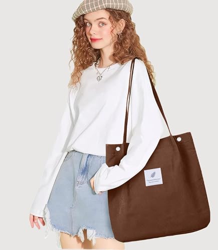 Corduroy Tote Bag for Women Small Canvas Shoulder Purse Cord Handy Bag with Inner Pocket | with Front Pocket - color: 02 Brown