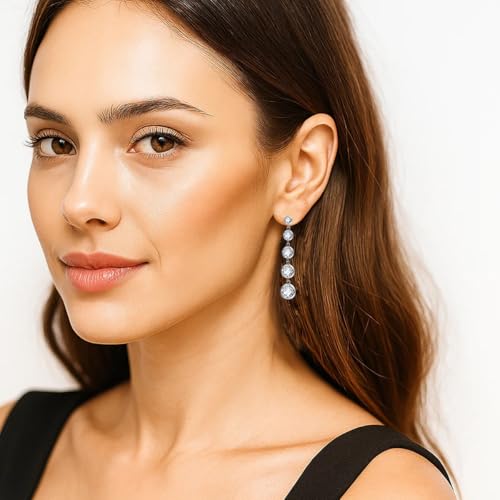 Women's Long Sparkly Dangle Earrings Hypoallergenic Stainless Steel 14K Gold Plated Lightweight CZ Statement Studs - color: Silver