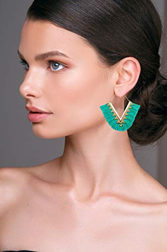 Tassel Hoop Earring Statement Thread Dangle Earrings Stylish Long Fringe Drop Earrings Lightweight Long Swingy French Hook Earrings for Women - color: A Turquoise