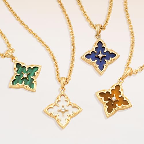 Fettero Gold Clover Necklace for Women Dainty 14K Gold Plated CZ Pendant Necklace Adjustable Chain Choker Charm Colorful Clover Pendant Lucky Necklaces for Women Jewelry - color: Malachite-green