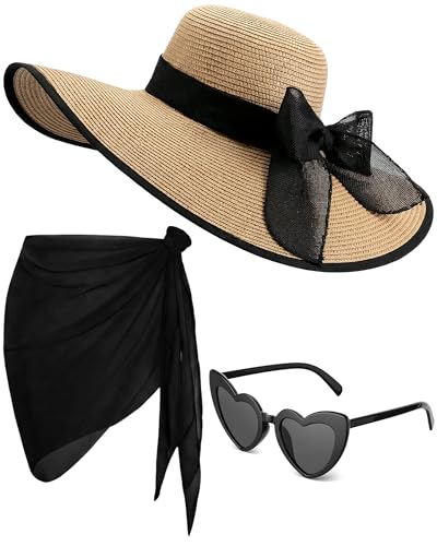 3 Pcs Summer Beach Set for Women Wide Brim Straw Sun Hat, Swimsuit Coverup Sarong, Heart Sunglasses - color: Black