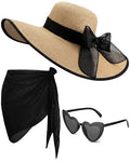 3 Pcs Summer Beach Set for Women Wide Brim Straw Sun Hat, Swimsuit Coverup Sarong, Heart Sunglasses - color: Black