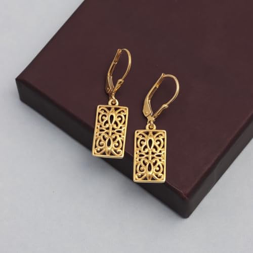 LeCalla 925 Sterling Silver Filigree Dangle Earrings for Women | Gold, Rose Gold & Rhodium Plated Diamond-Cut Filigree Drop Earrings | Lightweight Earrings Jewelry Gift - color: Yellow-Gold Rectangle Filigree