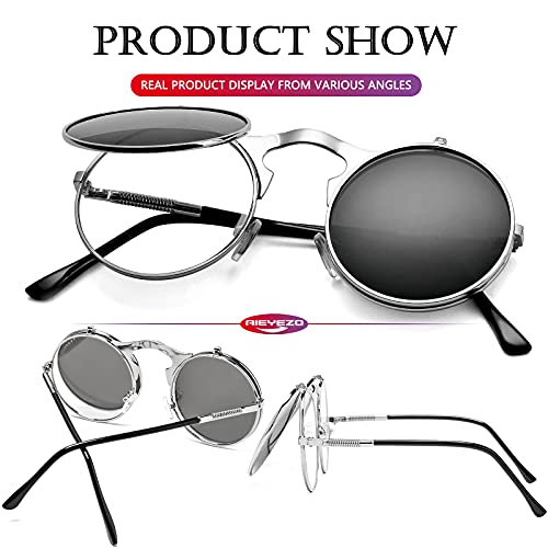 AIEYEZO Round Flip Up Sunglasses for Men and Women Rave Flip Glasses 90's Retro Steampunk Style - color: Silver/Grey