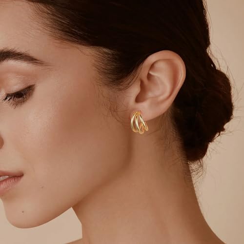 Gold Hoop Earrings for Women, 19mm Triple Hoop Earrings, 14K Gold Plated Over 925 Sterling Silver, Lightweight Hypoallergenic Stacked Hoops, Minimalist Everyday Gold Jewelry
