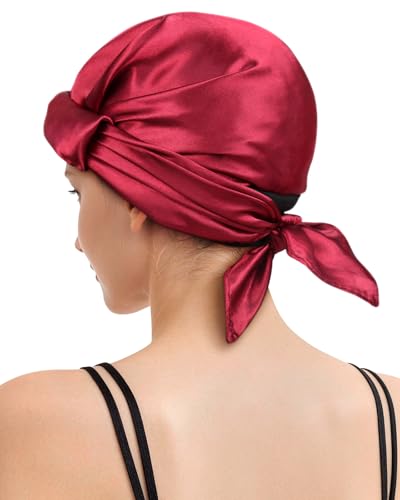 Silk Like Press Wrap Cap with Attached Hair Net Scarf - 2 in 1 Satin Scarf for Women, Soft Headband Hair Wrap for Sleep (Wine) - color: Wine