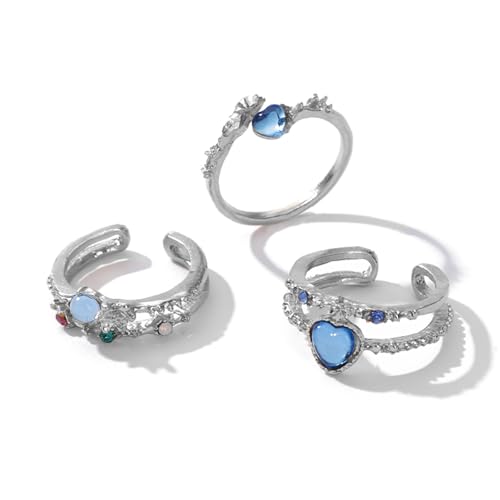 3Pcs Multi-Layered Ocean Blue Rhinestone Heart Flower Rings for Women Teens Gifts Trendy Stuff Boho Stackable Love Silver Ring Set Vintage Crystal Knuckle Stacking Rings Christmas Gifts Stacking Stuffers