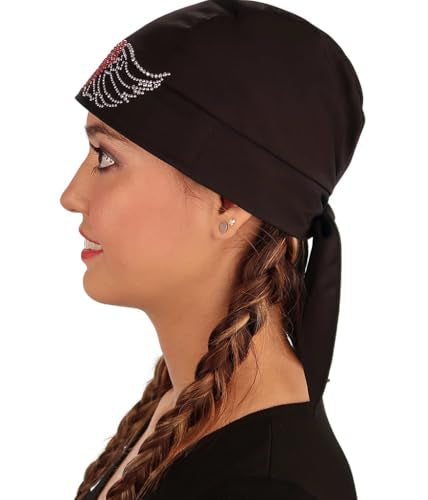 Sparkling EARTH - American Made Skull Caps Doo Rags Do Rag Durag Headwrap Head Wraps Skullies - Made in The USA! - color: Black Skull Cap With Large Heart and Wings Rhinestud Rhinestone