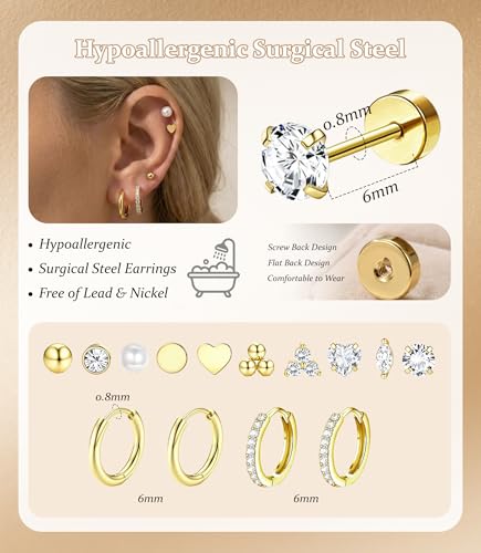 Incaton Hypoallergenic Flat Back Earrings for Women Silver 14K Gold Plated Surgical Stainless Steel Stud Earrings Cubic Zirconia Cartilage Studs Earrings For Multiple Piercing Sensitive Ears - color: B-Gold