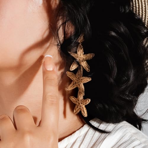 Boho Raffia Earrings Starfish Shell Seashell Dangle Drop Earrings Cute Statemnet Trendy Jewelry Summer Beach Outfits for Women - color: Sand, size: Seastar