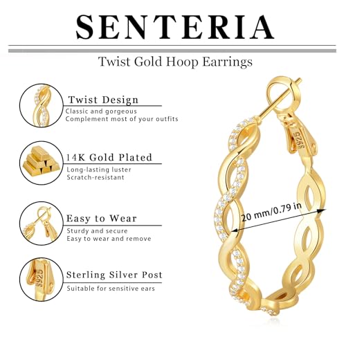 Senteria 925 Sterling Silver Post Hoops Earrings for Women Lightweight Twisted Hoop Earrings With Cubic Zirconia Hypoallergenic Silver Hoops Earrings (20/30/40/50/60MM) - color: gold-20/30mm