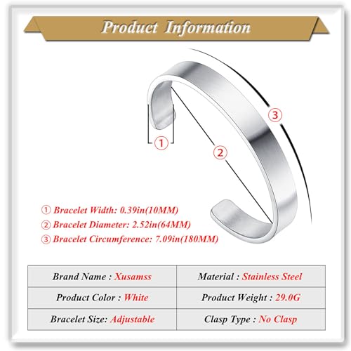 Xusamss Open Cuff Bracelet for Men Stainless Steel Wide Flat Bangle, Simple Mens Jewelry, Polished Steel Bracelet Band for Men, Wide Cuff Bracelet - color: White