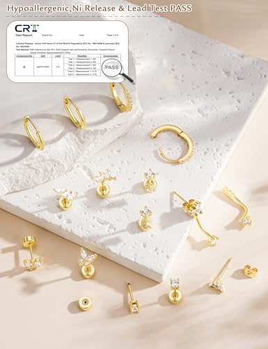 M MOOHAM Flat Back Earrings Stack for Women, Hypoallergenic 14K Gold-Plated Flatback Stud Hoop Cartilage Earring Set Trendy Multiple Conch Tragus Helix Piercing Jewelry Gifts