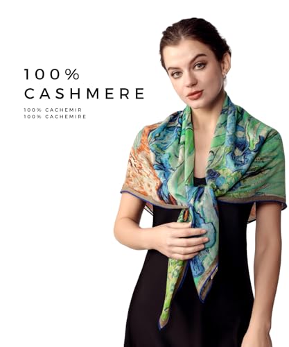 PoeticEHome Cashmere Scarf Wrap 36"x36" - Featherlight & Wrinkle-Free Artistic Square Shawl for Travel & Office, Gift Ready - color: Irises - 36"