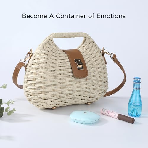 Richeart Clutch Purses for Women - Summer Beach Crossbody Bag with Adjustable Strap - Boho Shoulder Handwoven Straw Purse - color: Beige