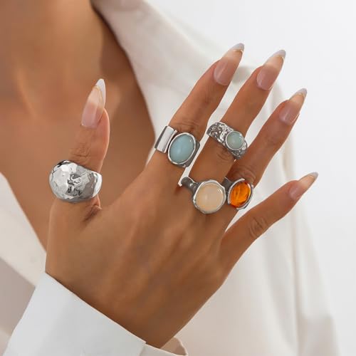 Dainty Crystal Gold Knuckle Ring Stackable Set for Women Non Tarnish, Statement Chunky Zircon Silver Midi Finger Thumb Rings Vintage Y2k Party Jewelry Gifts - color: Silver
