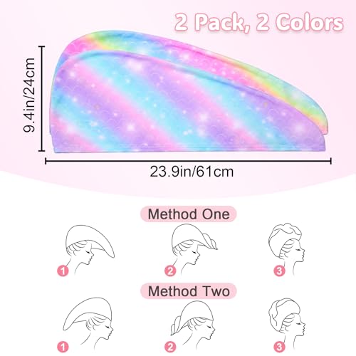 Basumee Microfiber Hair Towel Wrap for Kids 2 Pack Rapid Drying Hair Towel with Button Hair Turbans for Wet Hair Wraps Head Towel Wrap for Women and Girls, Rainbow - color: Rainbow
