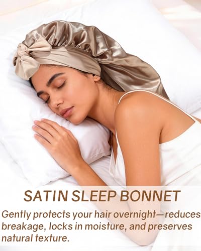 AWAYTR Long Satin Bonnet for Braids - Elastic Silk Hair Bonnets for Sleeping Night Cap Stretchy Tie Band for Women（Champagne） - color: Champagne
