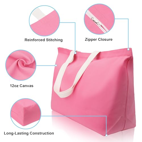 Large Canvas Tote Bag-Extra Big Shopping Beach Totes Bags Reusable Largest Grocery Plain Solid Bag 28"x8"x16" - color: Pink With Zipper