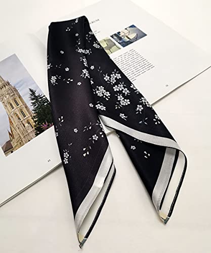 FONYVE 100% Mulberry Silk Scarfs for Women-Lightweight Square Satin Head Scarf-Small Silk Hair Scarf for Sleeping 21"x21" - color: 15 Floral Black