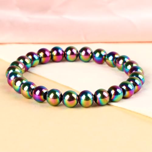 LPBeads Handmade Natural Gemstone Stretch Elastic Bracelet Healing Crystal Round Stone Beads Jewelry Gifts for Women Men - color: Rainbow Coated Hematite, size: 8mm
