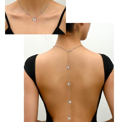 Vintage Butterfly Back Chain Necklace Gold Butterfly Backdrop Necklace Body Chain Wedding Bridal Necklaces Long Y Lariat Necklaces Summer Beach Backless Dress Jewelry for Women - color: Silver