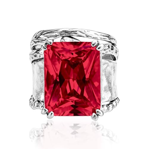 JEAN RACHEL JEWELRY 925 Sterling Silver Ring - Hammered Vintage Design with Octagon Shaped Cubic Zirconia - Hypoallergenic, Lead & Nickel Free - Artisan Handcrafted Statement Rings for Women - color: Ruby CZ