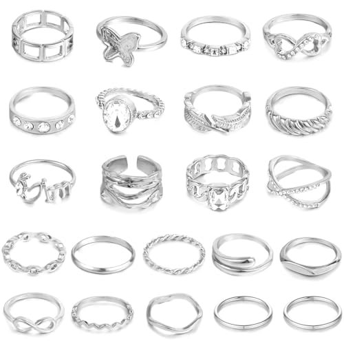 CHICUTIE Gold Knuckle Rings Set For Women Stackable Joint Finger Midi Rings Dainty Cubic Crystal Zirconia Hollow Twist Cute Pack Jewelry Gift - style: 22PCS SILVER