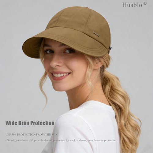 huablo]UPF 50+Womens Sun Hat UV Protection Hiking Fishing Hats Wide Brim Hat Adjustable Ponytail Packable Sun Cap - color: Coffee