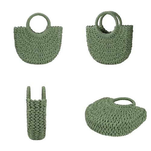 Womens Straw Beach Bag Woven Crossbody Shoulder Bags Top Handle Satchel Handbag Purse for Summer - color: Army Green