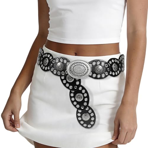 Leather Western Boho Belts for Woman, 53.1inch Concho Vintage Belt for womens Dress Jeans, Country Black