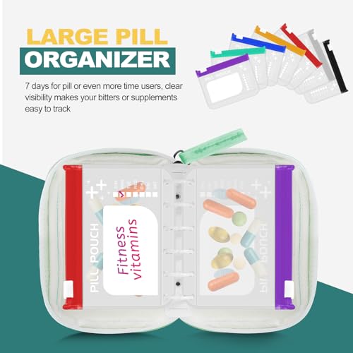 Timueetech A7 Waterproof Pill Organizer with 7 PCS L Size Zippered Pill Pouches for A7 Binder, Large BPA-Free Weekly Medicine Organizer, Color-Coded Reusable Travel Pill Storage System - color: Green